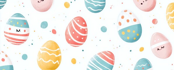 Colorful Easter eggs in pastel shades with playful designs on a light background.