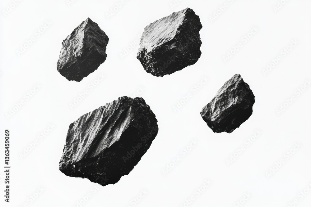 Poster floating black rocks on white background create a minimalist abstract composition
