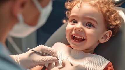 Happy young child smiling during a dental checkup, sitting in a dentist chair with a hygienist holding dental tools.

