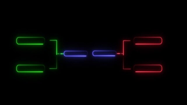 glowing neon or outline championship single elimination tournament bracket or tree diagram isolated on neon . Fields for 8 players or teams, 4 from each side. It is suitable for all kinds of sports.