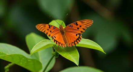 Obraz premium Vibrant Gulf Fritillary Butterfly Resting Gracefully on Verdant Leaves in Natural Light