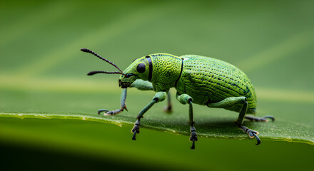 Vibrant green weevil resting on a vivid green leaf in a tropical setting