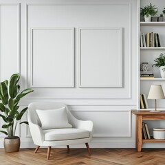 White armchair and two blank frames in a bright room.