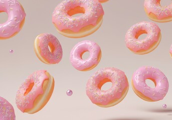 Colorful pink donuts with sprinkles floating in the air