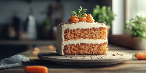 Carrot cake served on a wooden board with decorative frosting in a cozy kitchen setting