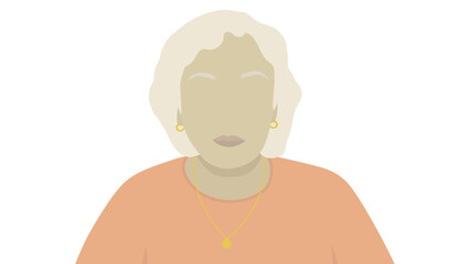Fototapeta premium Minimalist illustration of an elderly woman with light hair, wearing earrings, a necklace, and an orange top
