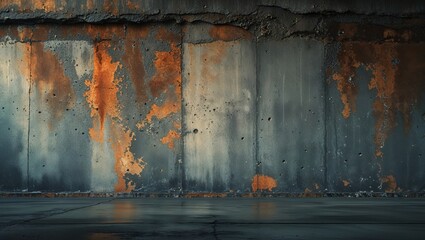 Rusty industrial wall with peeling paint and reflections in an urban setting captures gritty aesthetic