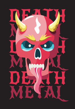 Cartoon Devil Skull with Horns and Tongue, Death Metal Text, Graphic Illustration