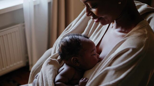 Young mother embracing newborn baby with tenderness