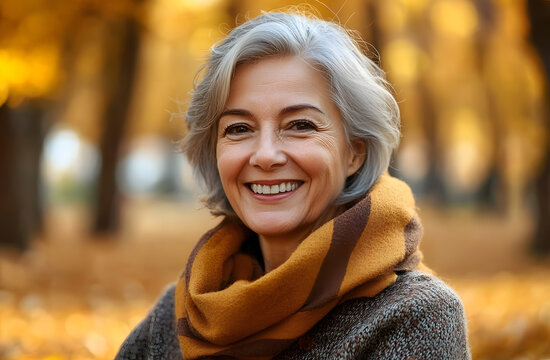 Happy elderly 65 year old woman smiles in autumn city park among fallen leaves. Pensioner active lifestyle concept. Portrait of beauty people in nature. Grey haired lady outdoors.