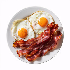 Top view of crispy bacon and sunny side up eggs on a plate for traditional breakfast