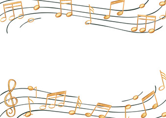 Yellow musical notes on black stave rectangle border with copy space for text. Golden sound symbols on staff watercolor illustration isolated background. Frame for concert, invitation, greeting card