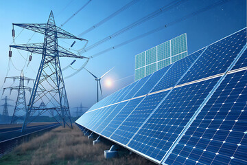 A bright future powered by sun, wind, and innovative energy grids, showcasing a harmonious blend of solar panels, wind turbines, and power lines under a vast blue sky.