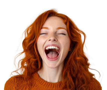 Joyful redhead laughing portrait bright fun isolated on transparent background