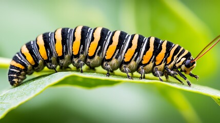 Fototapeta premium Close-up of a monarch caterpillar on a leaf