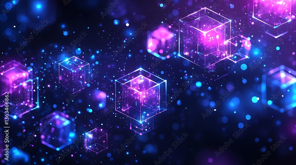 Poster ethereal cubes floating in a dimensional cosmic space with blue and violet lights