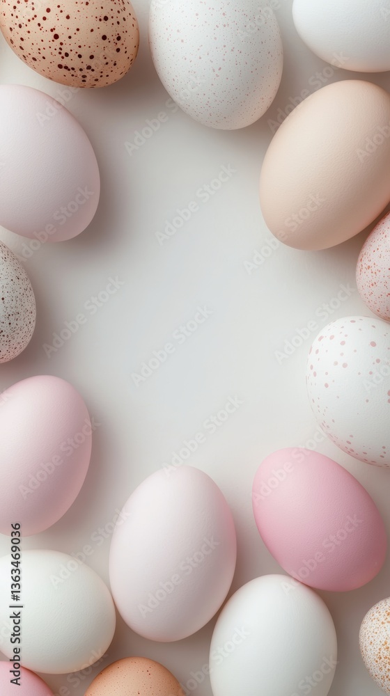 Poster colorful collection of decorative eggs arranged in a circular pattern on a light background during s