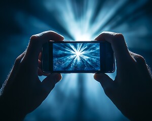 Human hands holding a smartphone showing a bright blue light display