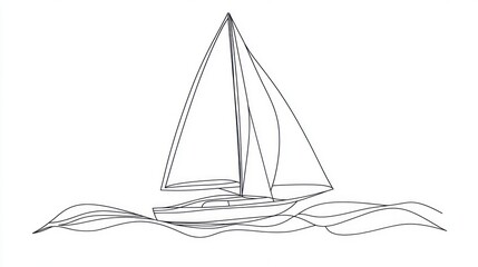 Sailing Yacht on Water, One Line Drawing