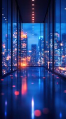 City skyline view from a modern corridor illuminated at night with vibrant lights and reflections