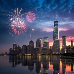 Fireworks Over New York City at Dusk, a vibrant fireworks display over the New York City skyline at dusk, with the colorful lights reflecting off the water, creating a magical city scene