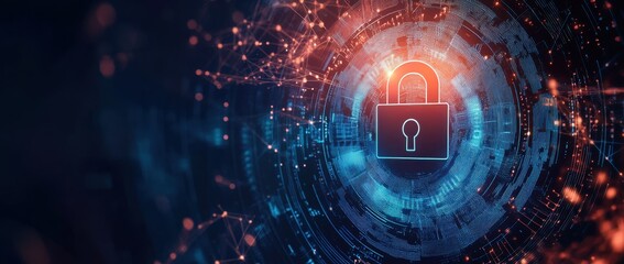 Obraz premium Abstract background with a digital security symbol and padlock on a dark blue banner, representing online protection, data sculptures, circuitry, data visualization, and conceptual art Generative AI