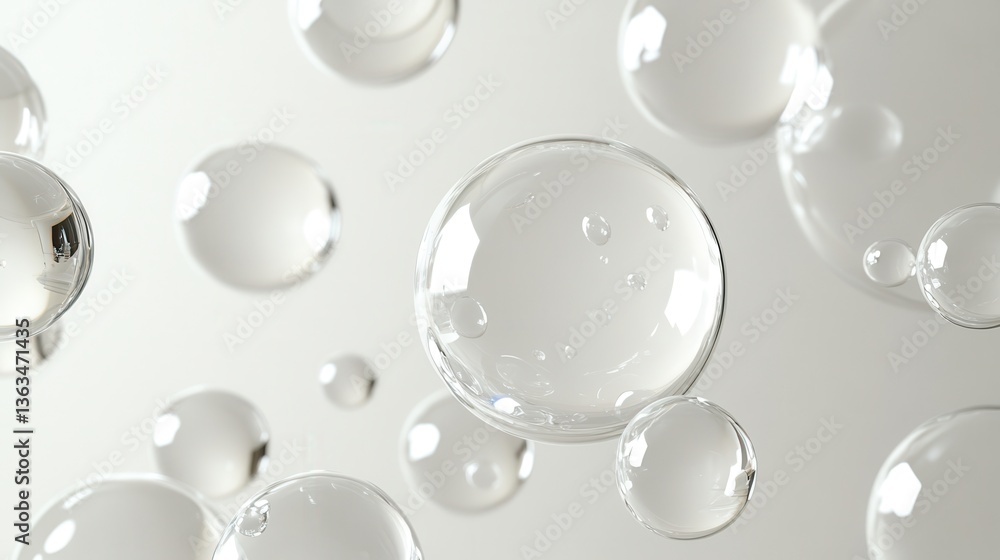 Poster translucent soap bubbles varying in size drifting across pristine white surface, generating soft vis