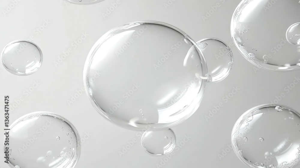 Poster delicate transparent bubbles suspended in pristine white space, varying in size and creating etherea