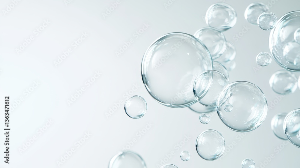Poster translucent soap bubbles drifting across soft white background, representing purity, cleanliness, an