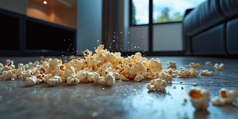 Popcorn scattered on the floor in a cozy living room after a movie night with friends in the evening light