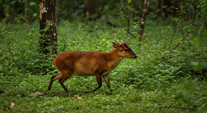 Captivating Fea's Muntjac Strolling Through Lush Myanmar Forest Habitat