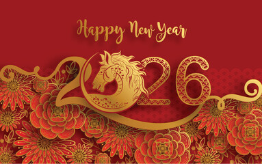 Happy chinese new year 2026 the horse zodiac sign with flower,lantern,asian elements red and gold color paper cut style on color background. ( Translation : happy new year 2026 year of the horse )