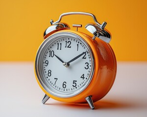 Naklejka premium Bright orange alarm clock on a clean surface against a vibrant background