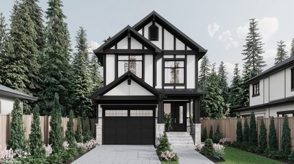 Naklejka premium Elegant two-story modern home with black-white facade, surrounded by trees and grass. Real estate advertising