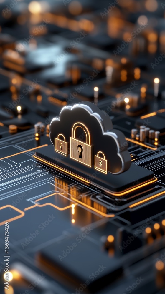 Poster cloud storage security concept with padlocks on circuit board reflecting the importance of data prot