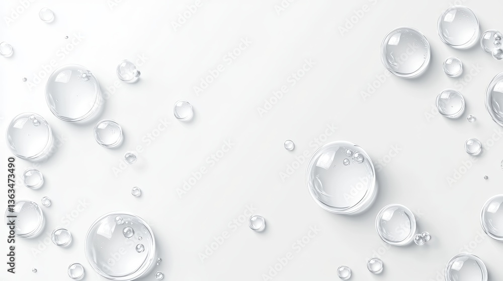 Poster glossy transparent bubbles scattered randomly on pristine white surface, representing cleanliness, p