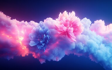 Fototapeta premium pink and blue blooming peonies in clouds against dark blue sky. Surreal beautiful spring nature concept