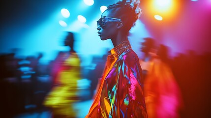 Fashionable Person Walks on a Lit Runway During an Event