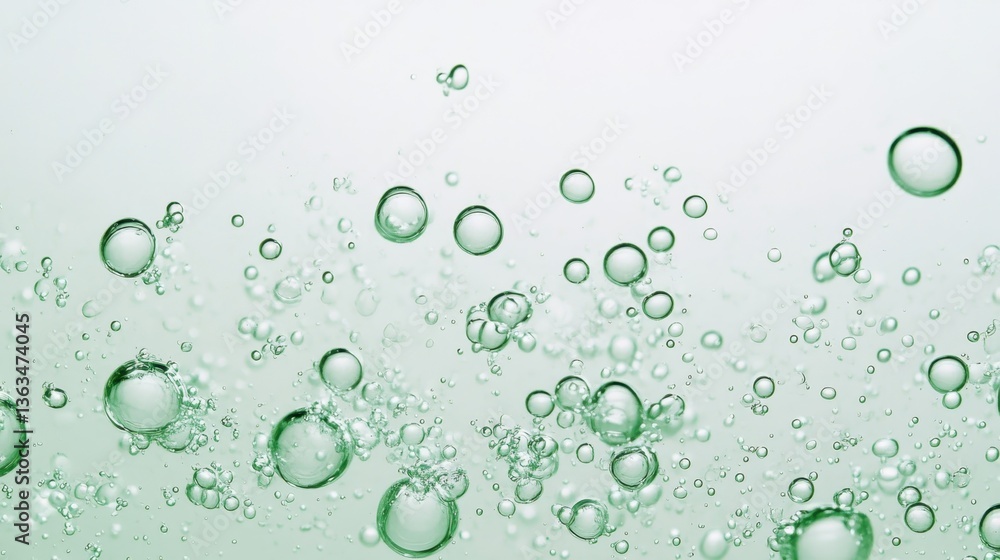 Poster green bubbles of different sizes rising through transparent liquid, forming dynamic abstract pattern