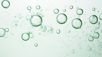 Green bubbles ascending through translucent liquid, generating dynamic abstract pattern with soft background, symbolizing freshness and clarity