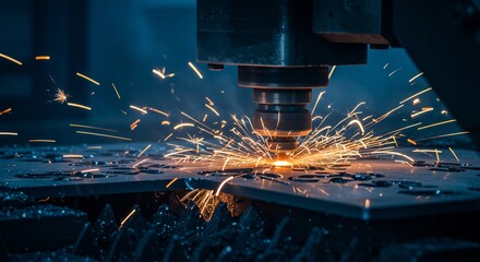 CNC machining sparks fly during metal cutting process