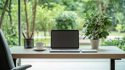 Fototapeta premium Modern workspace showcasing minimalist design with greenery and workspace essentials for enhanced productivity