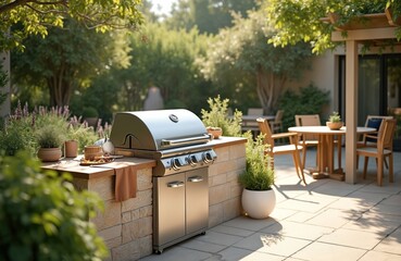 Modern backyard barbeque area with dining table. Summer outdoor dining, grilling. Beautiful outdoor dining, backyard space. Empty patio nobody, preparing food. Pro cook. Nature background.