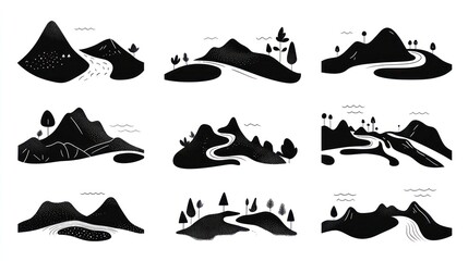 Mountain landscape illustrations, winding roads, nature scenes, design elements, website backgrounds