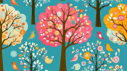 Vibrant forest landscape featuring stylized trees with pink, orange, yellow blossoms attracting colorful birds in whimsical, enchanting setting