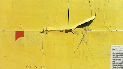 Weathered yellow street poster revealing layered textures, torn edges, partial text, red rectangle fragment, urban decay visual composition