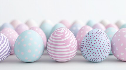 Fototapeta premium Colorful Easter eggs in pastel shades arranged on a bright background for festive decoration and celebration