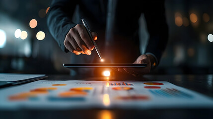 Businessman Analyzing Data on Tablet at Night