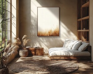 Cozy living room with natural light, wooden furniture, and serene decor elements