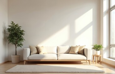 Fototapeta premium Modern living room with beige sofa pillows. Interior features minimalist design with wooden floor. Sunlight creates shadows on white wall. Indoor plants add natural elements to the space.